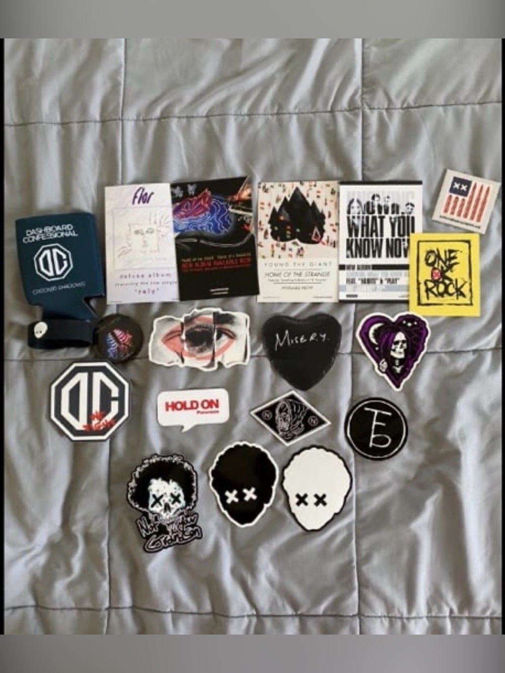 Pop punk band merch bundle - stickers, buttons, koozy, wristband, and tour cards